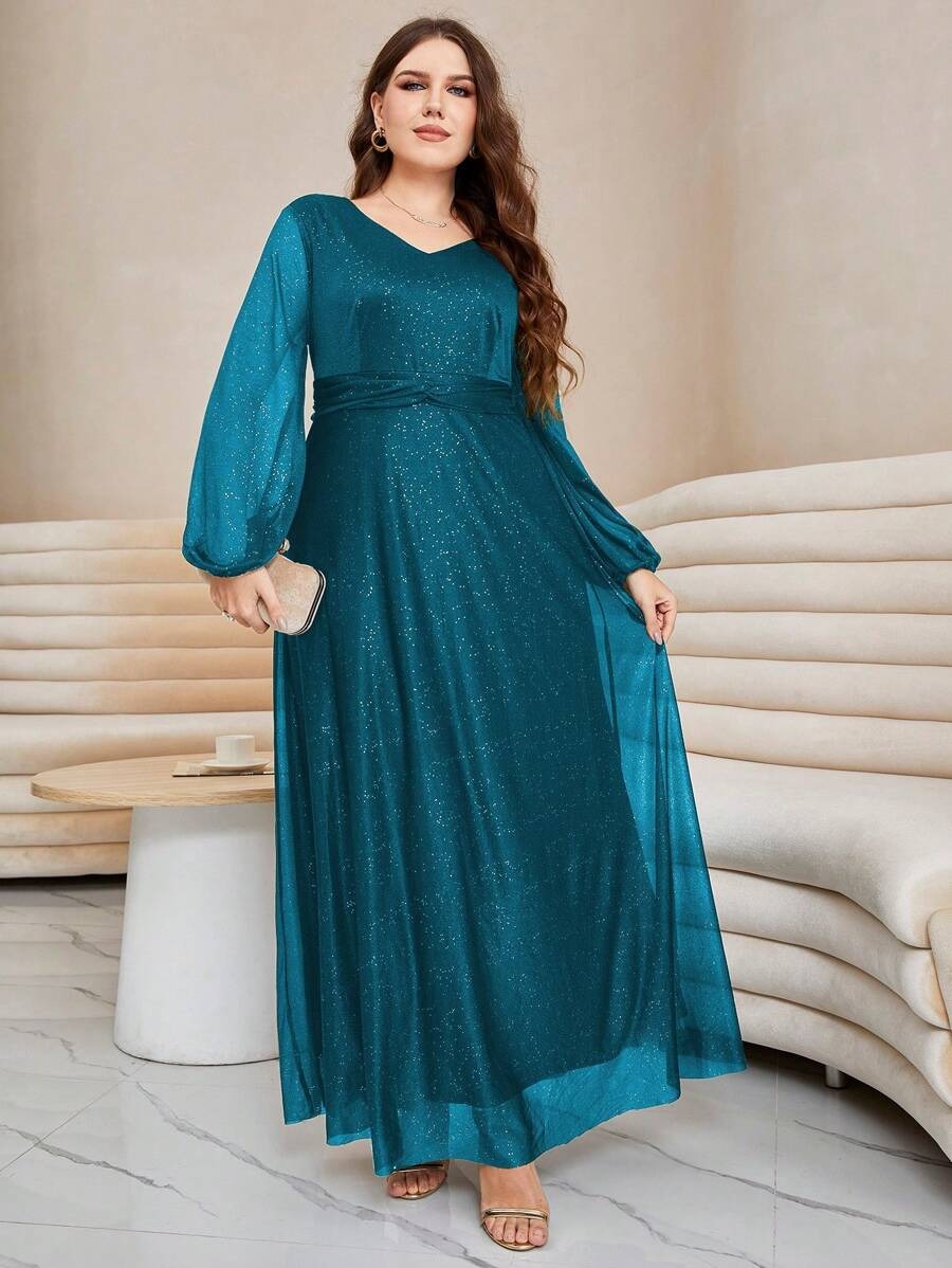 Rovika Fashion Women's Elegant Shimmer Maxi Dress with Waist Belt – Green
