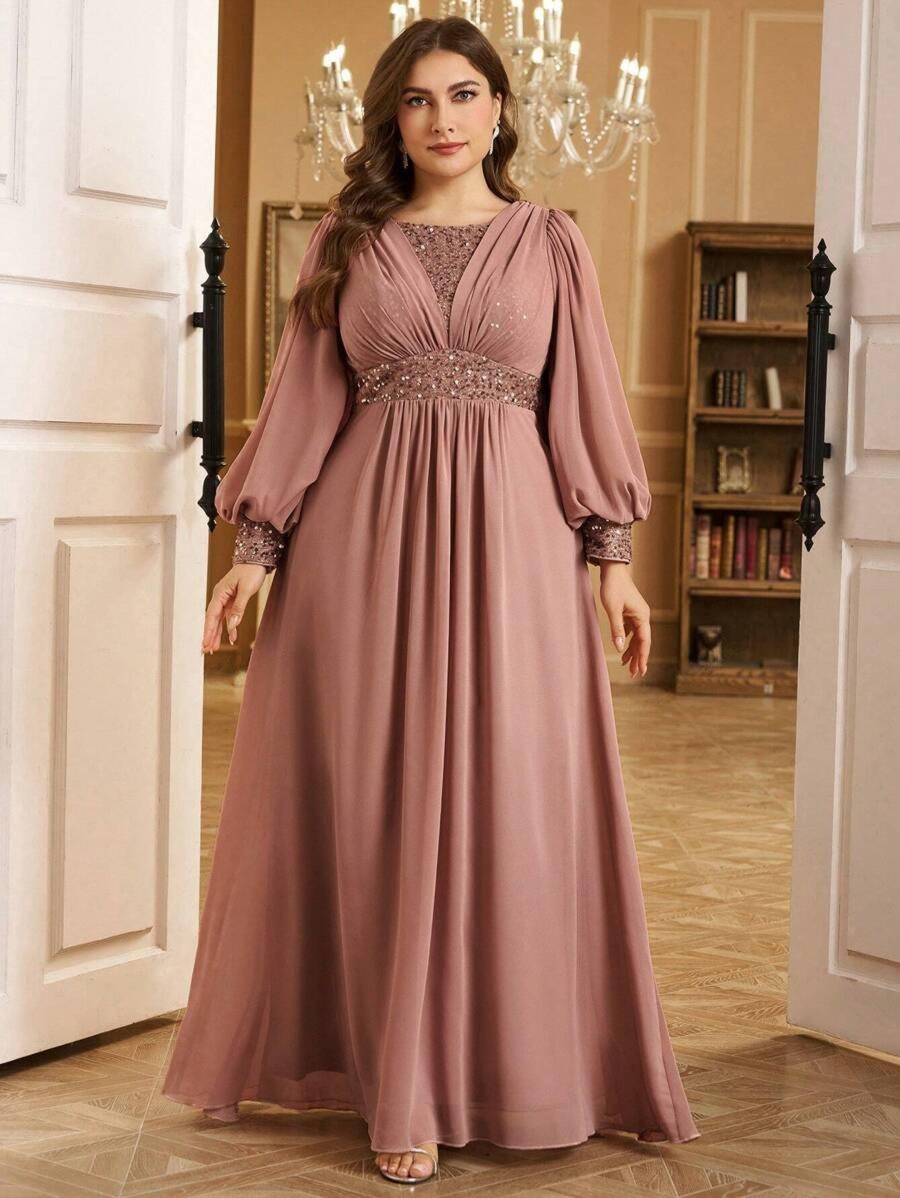 Sequined Georgette Pink Maxi Dress with Lantern Sleeves