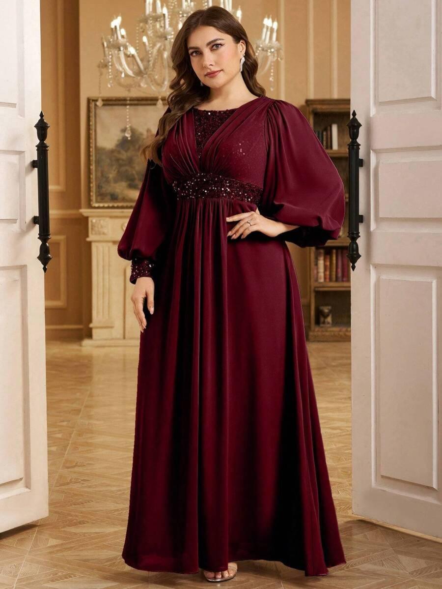 Sequined Georgette Wine Maxi Dress with Lantern Sleeves