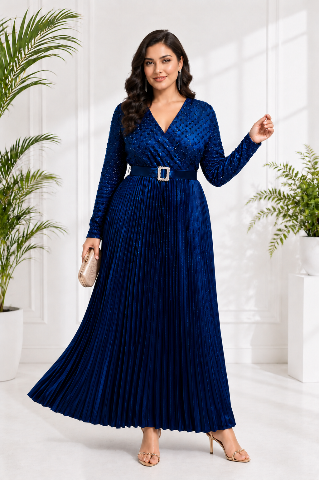 Women's Royal Blue Pleated Party Wear Gown with Belt