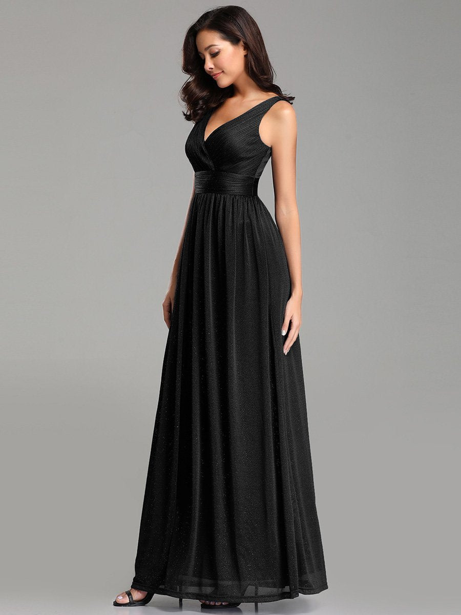 Women's Black Glitter Georgette Party Wear Gown – Sleeveless V-Neck Maxi Dress