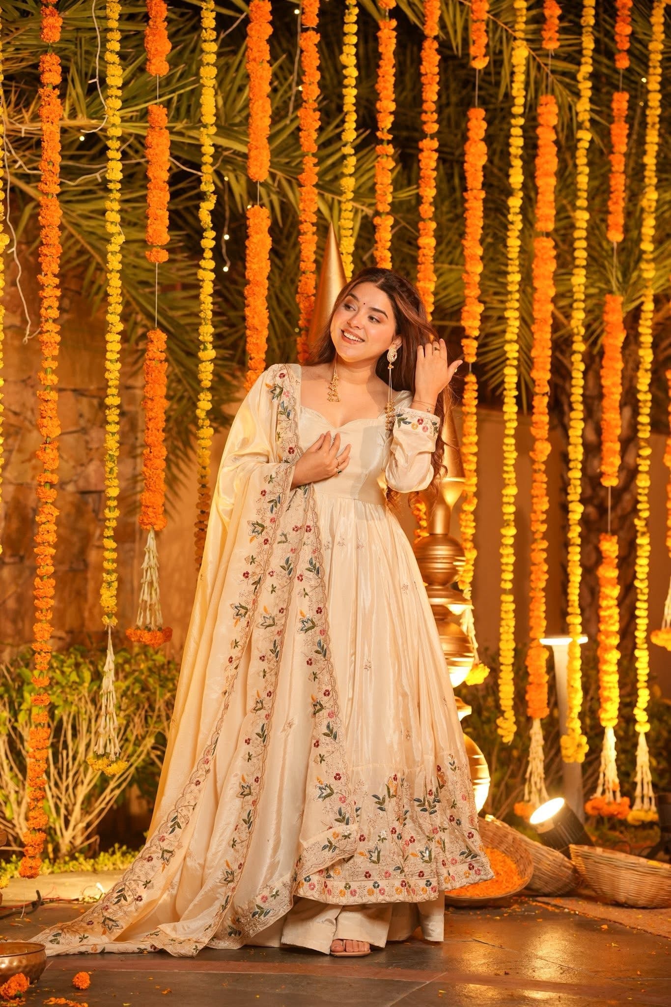Women's Ivory Cream Premium Heavy Silk Gown Set with Multi 3mm & 5mm Sequins & Fine Thread Embroidery with Heavy Silk Dupatta