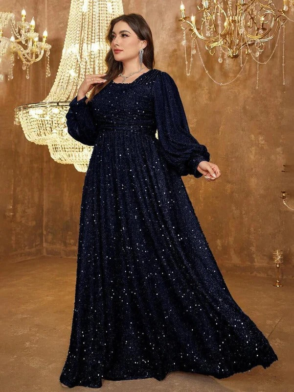 Rovika Fashion Women's Navy Blue Heavy Sequin Balloon Sleeve Evening Gown
