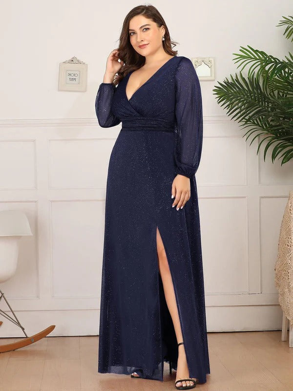 Rovika Fashion Women's Navy Blue Shimmer Shimmer V-Neck Slit Evening Gown