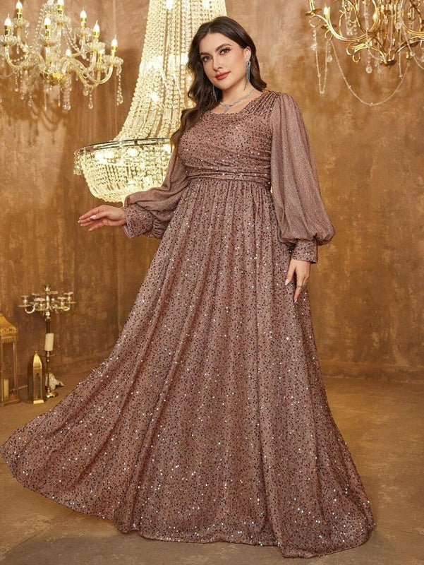 Rovika Fashion Women's Champagne Brown Heavy Sequin Balloon Sleeve Evening Gown