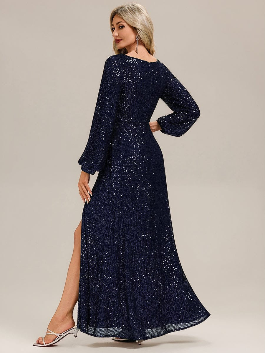 Rovika Fashion Women's Navy Blue Sequin Bishop Sleeve Evening Gown