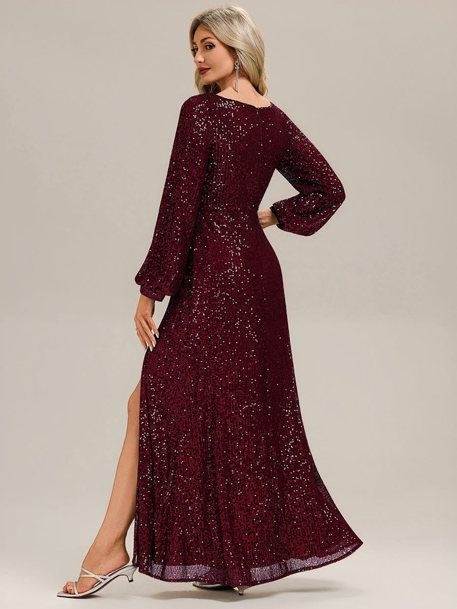 Rovika Fashion Women's Wine Sequin Bishop Sleeve Evening Gown