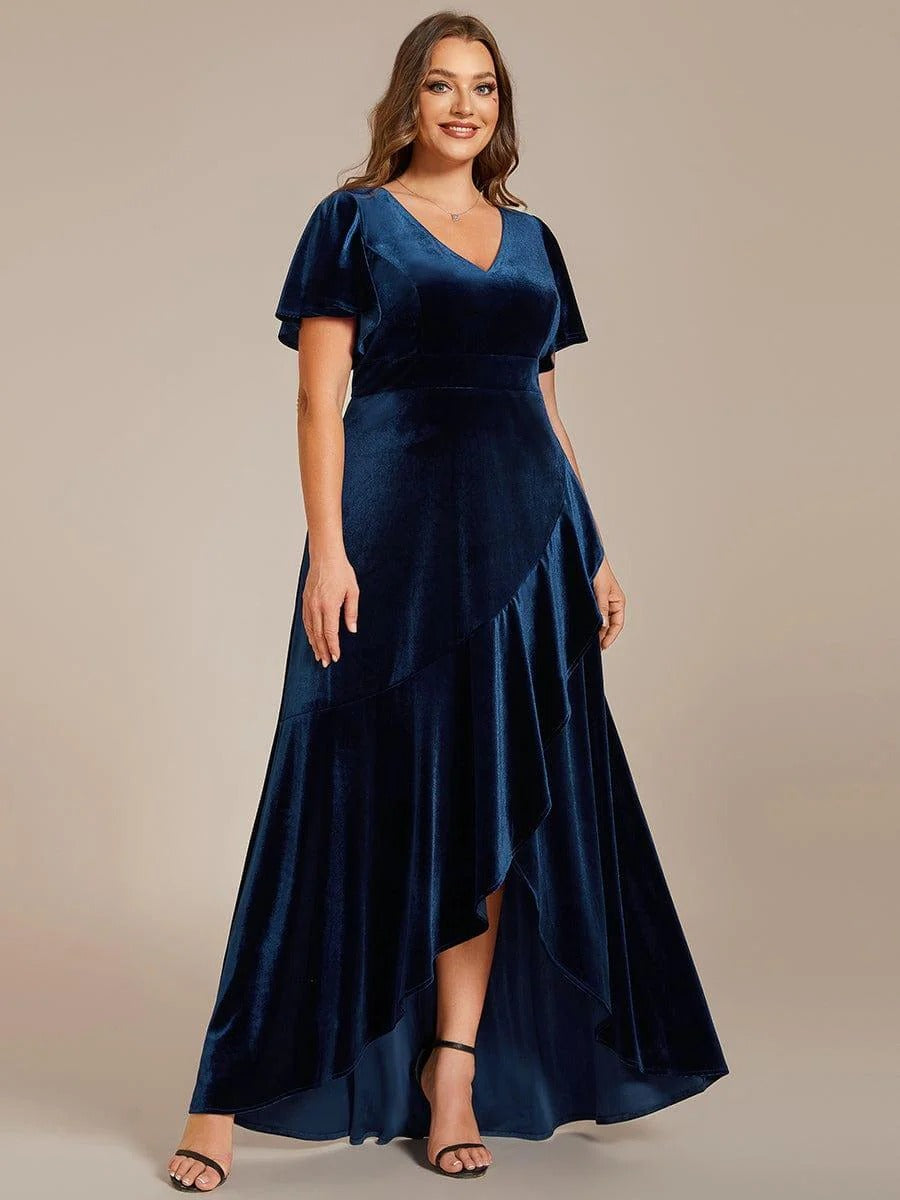 Rovika Fashion Women's Navy Blue Velvet V-Neck Ruffled High-Low Evening Gown