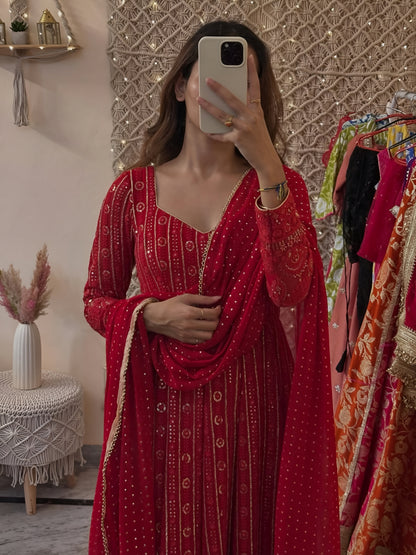 Women's Red Embroidered Anarkali Suit Set with Pant & Dupatta | Festive & Wedding Wear
