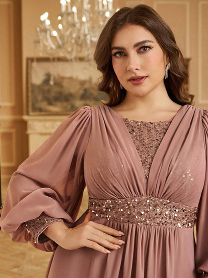 Sequined Georgette Pink Maxi Dress with Lantern Sleeves