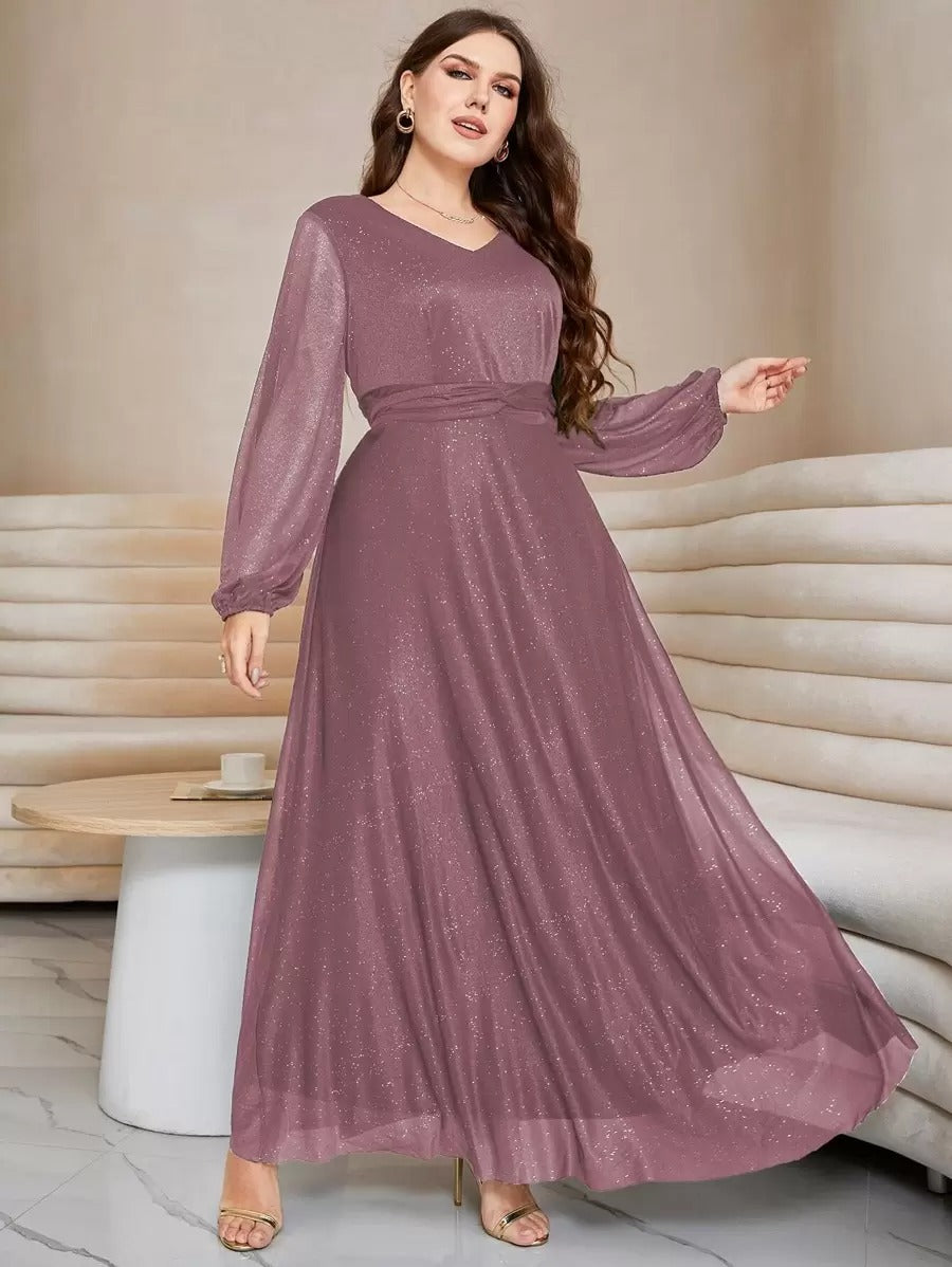 Rovika Fashion Women's Elegant Shimmer Maxi Dress with Waist Belt – Pink