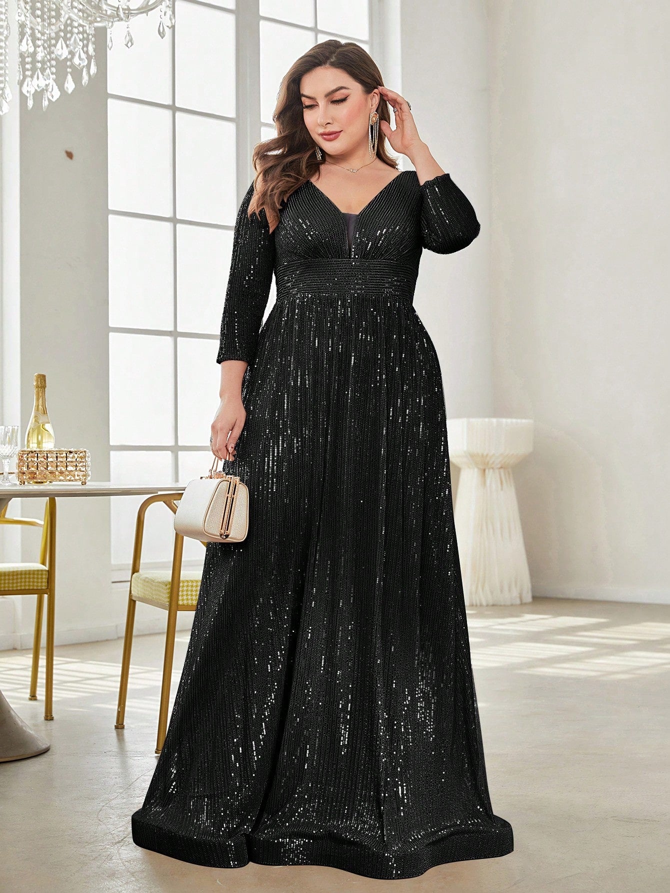 Rovika Fashion Women's Black Sequin Evening Maxi Dress