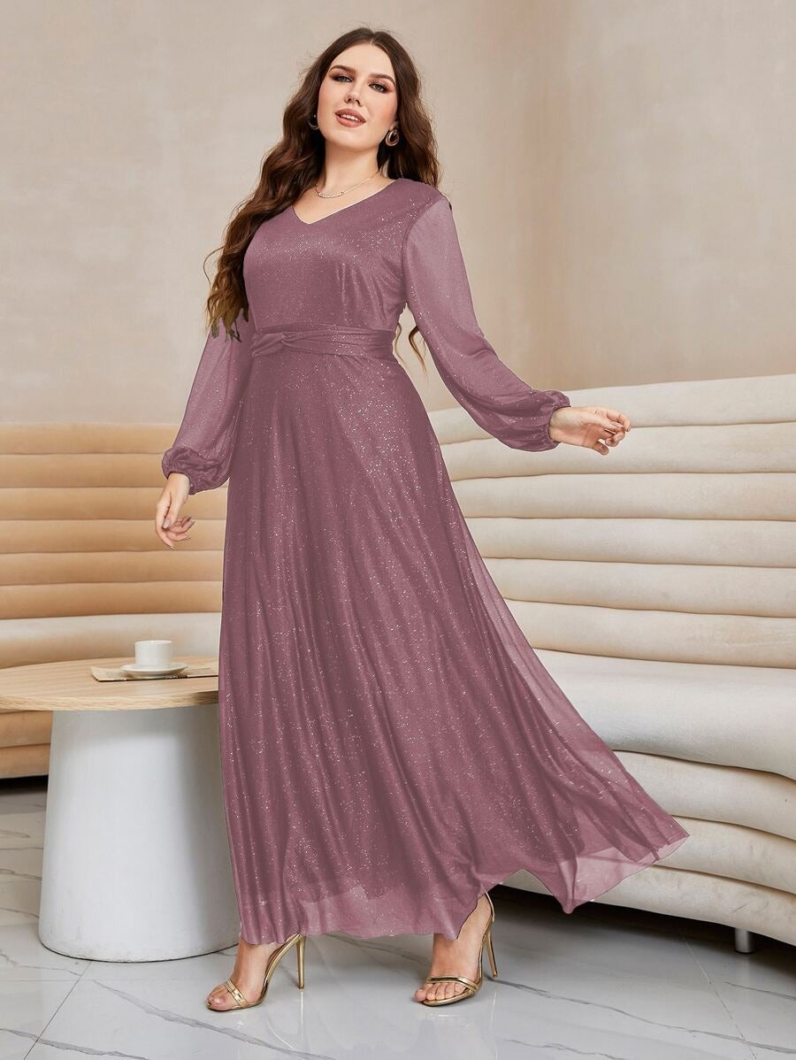 Rovika Fashion Women's Elegant Shimmer Maxi Dress with Waist Belt – Pink