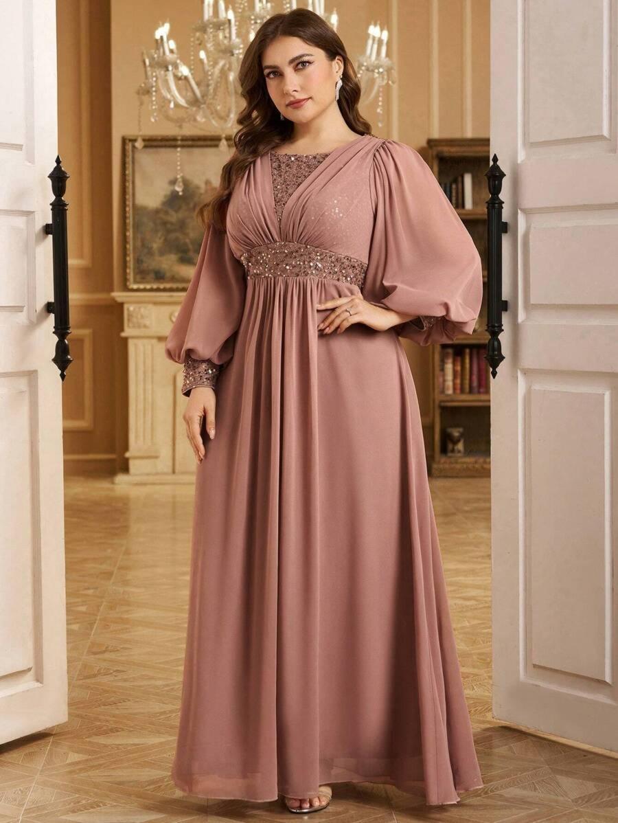 Sequined Georgette Pink Maxi Dress with Lantern Sleeves