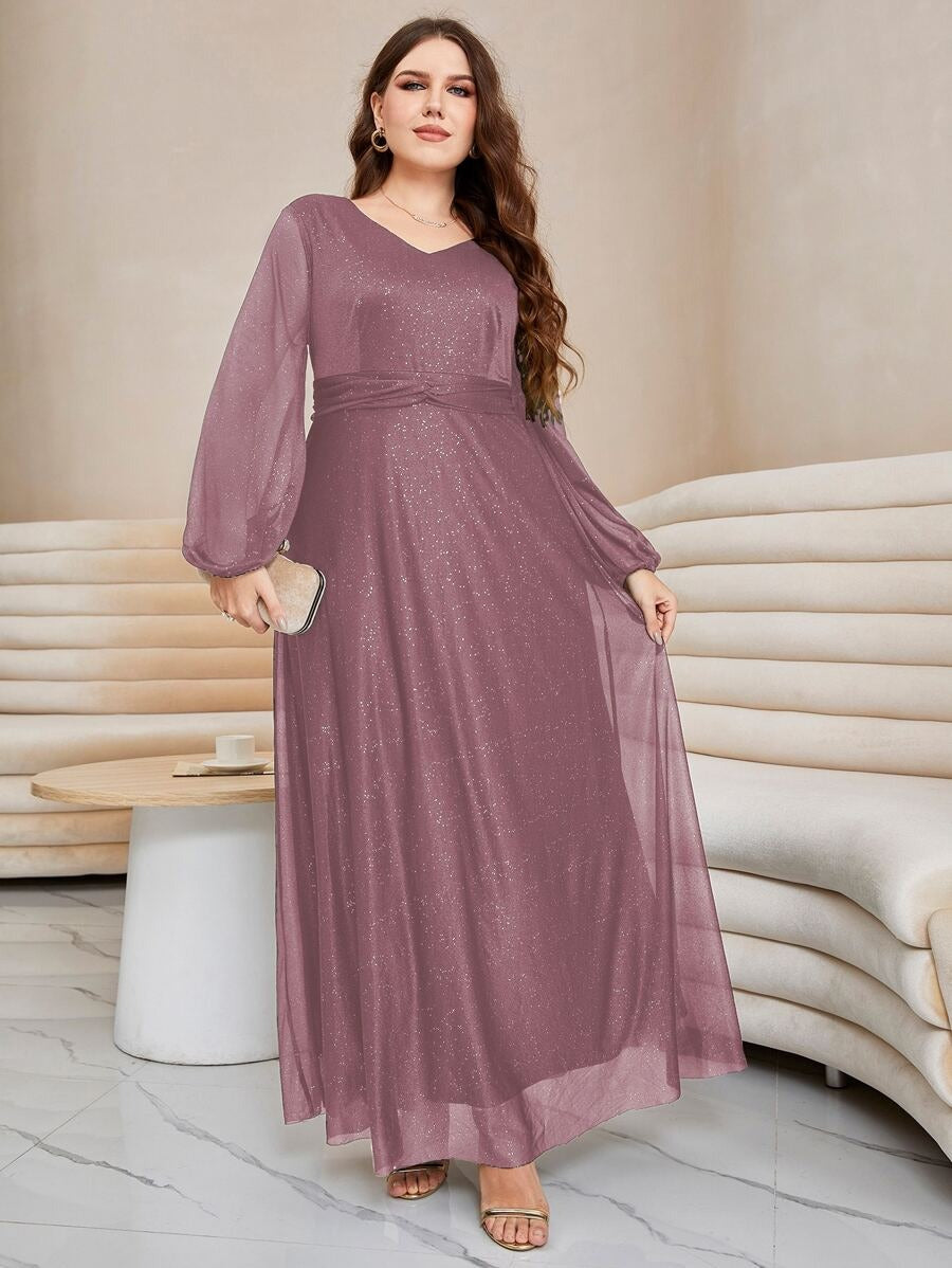 Rovika Fashion Women's Elegant Shimmer Maxi Dress with Waist Belt – Pink