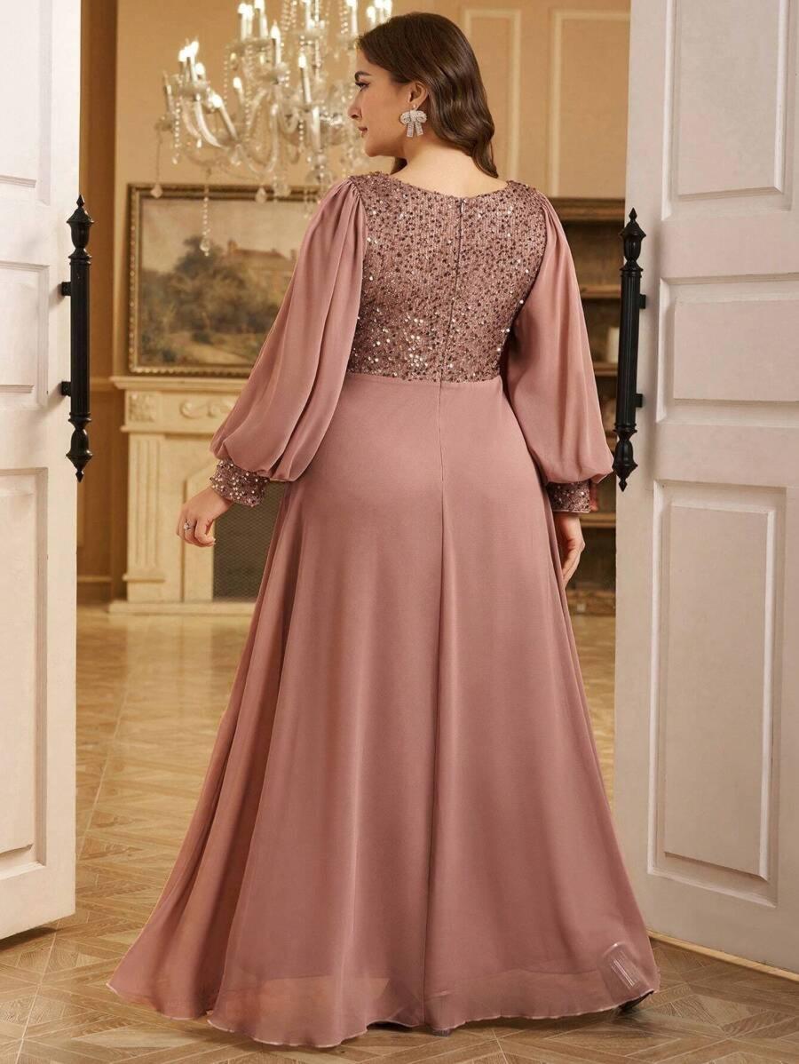 Sequined Georgette Pink Maxi Dress with Lantern Sleeves
