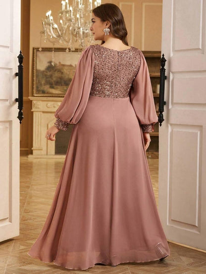 Sequined Georgette Pink Maxi Dress with Lantern Sleeves