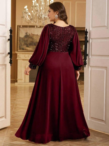 Sequined Georgette Wine Maxi Dress with Lantern Sleeves