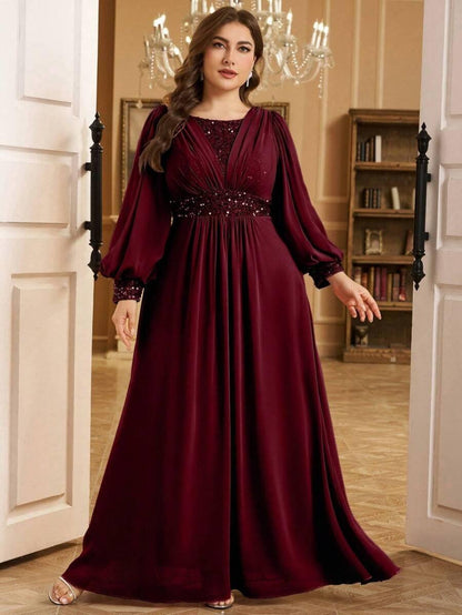 Sequined Georgette Wine Maxi Dress with Lantern Sleeves