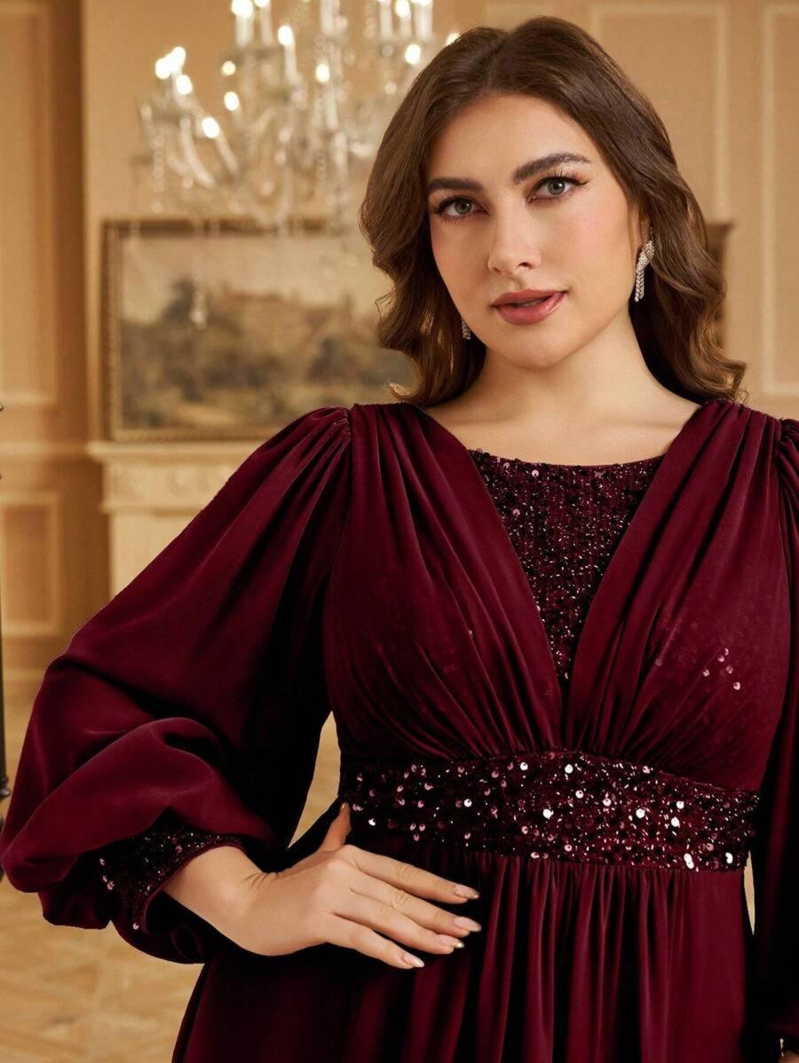 Sequined Georgette Wine Maxi Dress with Lantern Sleeves