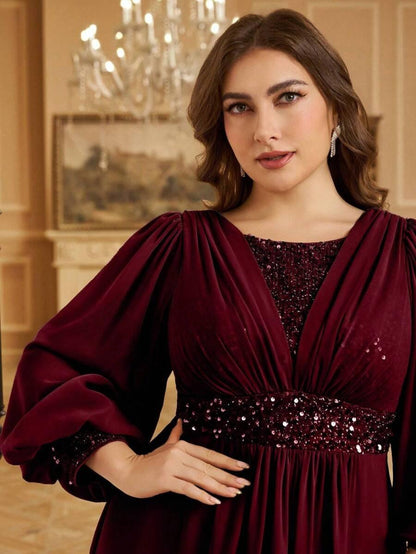 Sequined Georgette Wine Maxi Dress with Lantern Sleeves