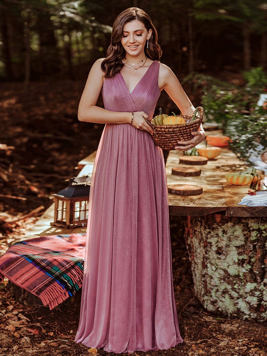 Women's Glitter Georgette Party Wear Gown | Sleeveless V-Neck Floor-Length Maxi Dress