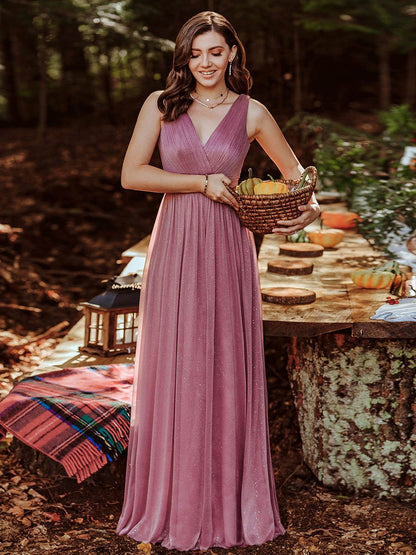 Women's Glitter Georgette Party Wear Gown | Sleeveless V-Neck Floor-Length Maxi Dress