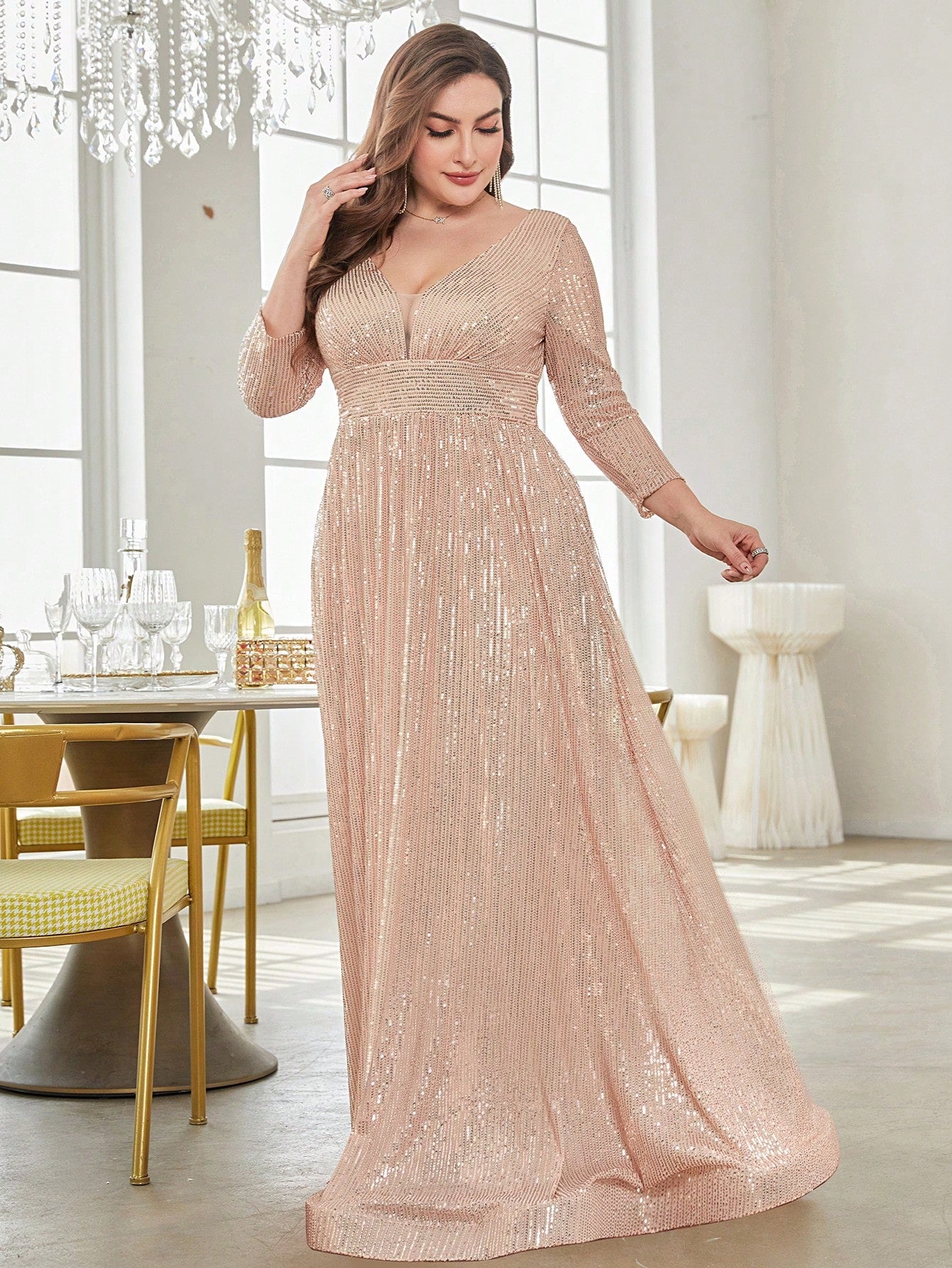 Rovika Fashion Women's Champagne Gold Sequin Maxi Party Gown