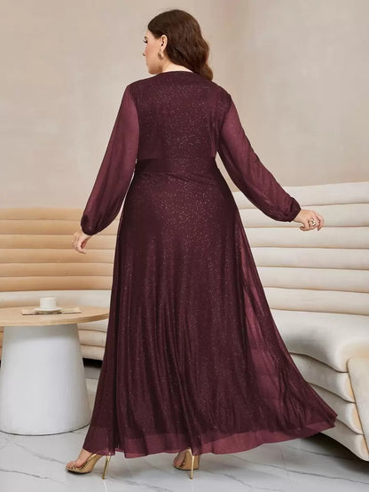 Rovika Fashion Women's Elegant Shimmer Maxi Dress with Waist Belt – Wine