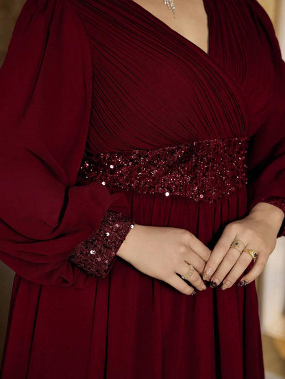Wine Elegant Chiffon Maxi Gown for Women | Evening Party & Special Occasion Wear