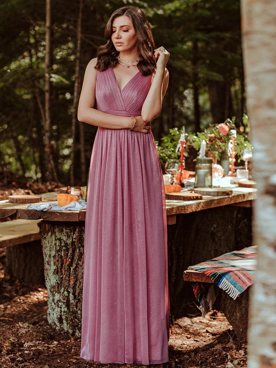 Women's Glitter Georgette Party Wear Gown | Sleeveless V-Neck Floor-Length Maxi Dress
