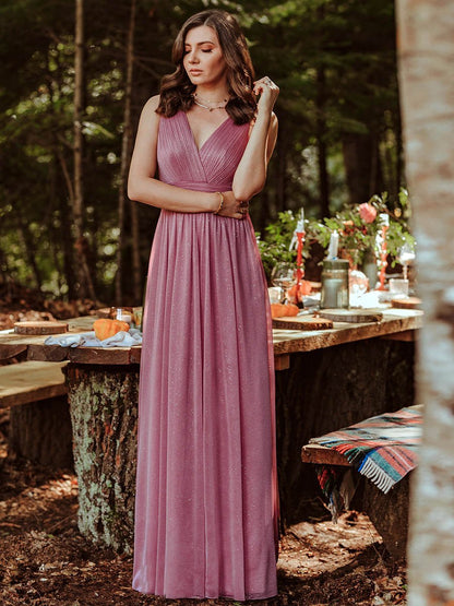 Women's Glitter Georgette Party Wear Gown | Sleeveless V-Neck Floor-Length Maxi Dress