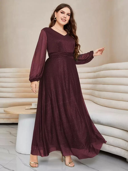 Rovika Fashion Women's Elegant Shimmer Maxi Dress with Waist Belt – Wine