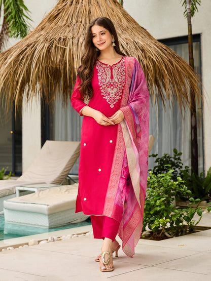 Fuchsia Pink Embroidered Kurta Set