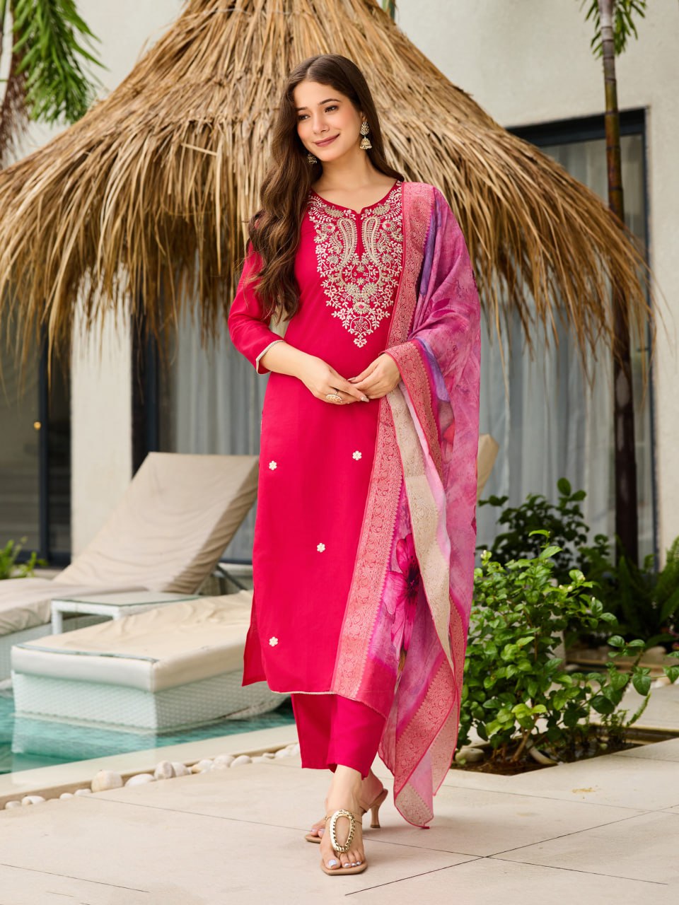 Fuchsia Pink Embroidered Kurta Set