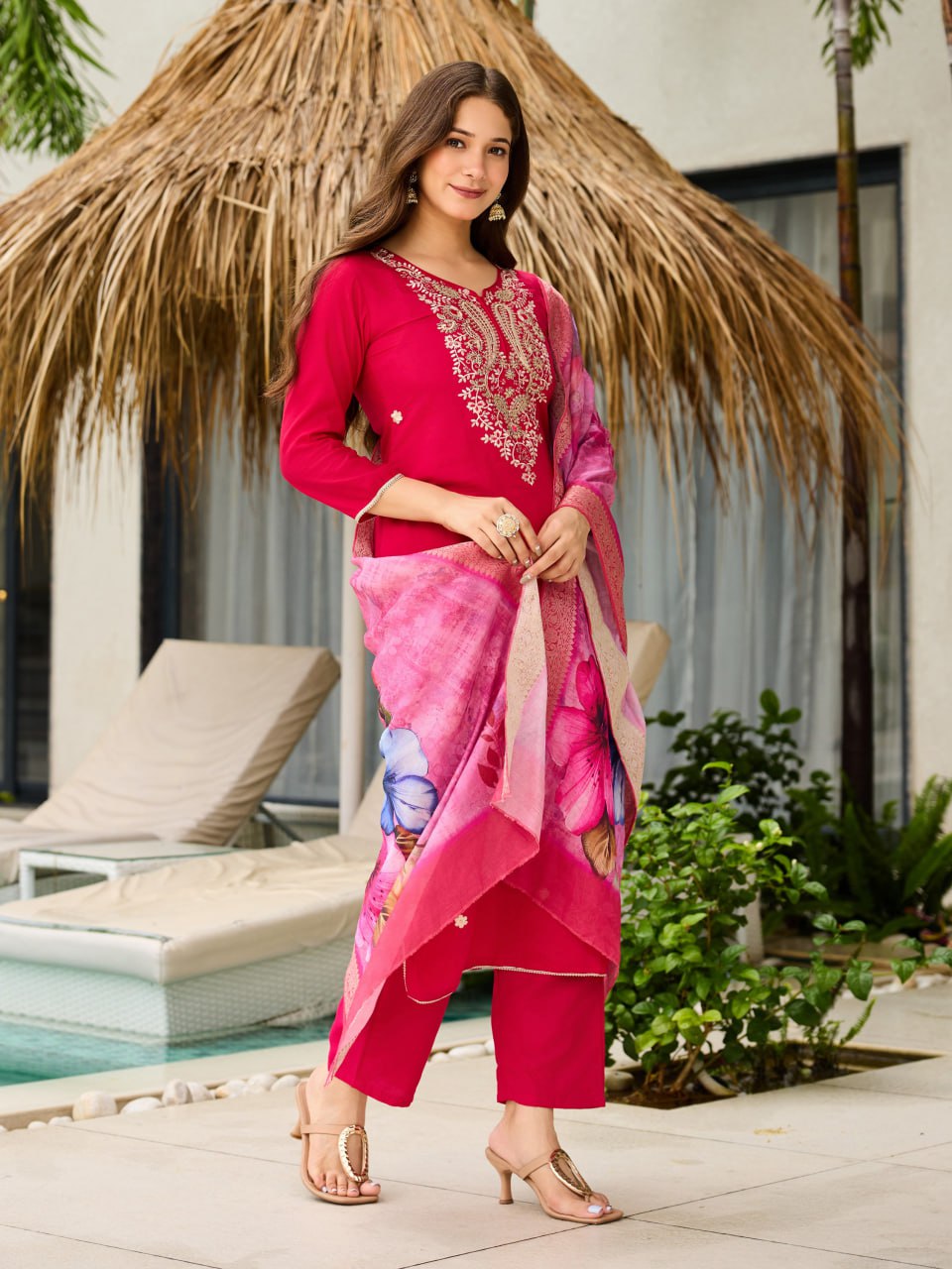 Fuchsia Pink Embroidered Kurta Set