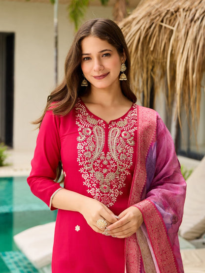 Fuchsia Pink Embroidered Kurta Set