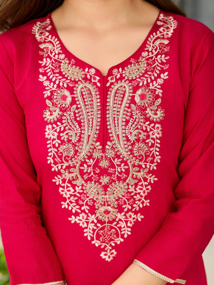 Fuchsia Pink Embroidered Kurta Set