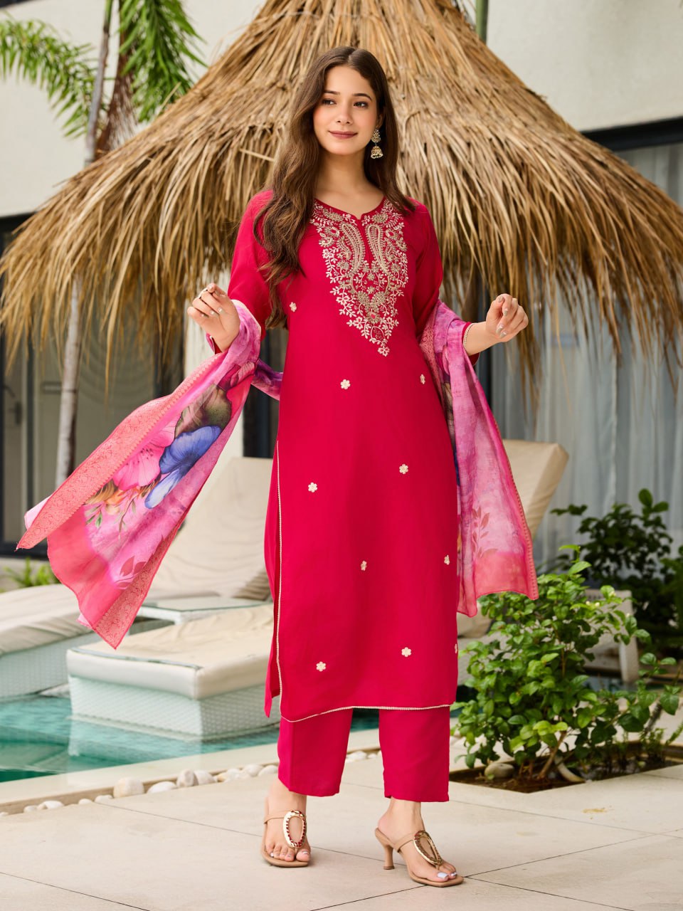 Fuchsia Pink Embroidered Kurta Set