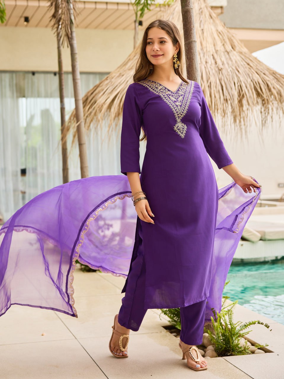 Purple Cotton Embroidered Kurta Set