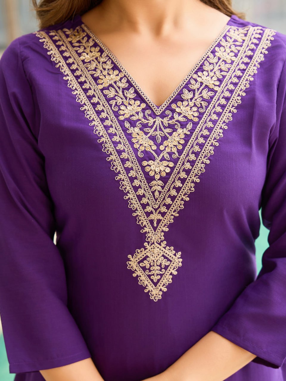 Purple Cotton Embroidered Kurta Set