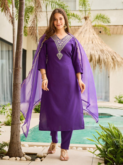 Purple Cotton Embroidered Kurta Set