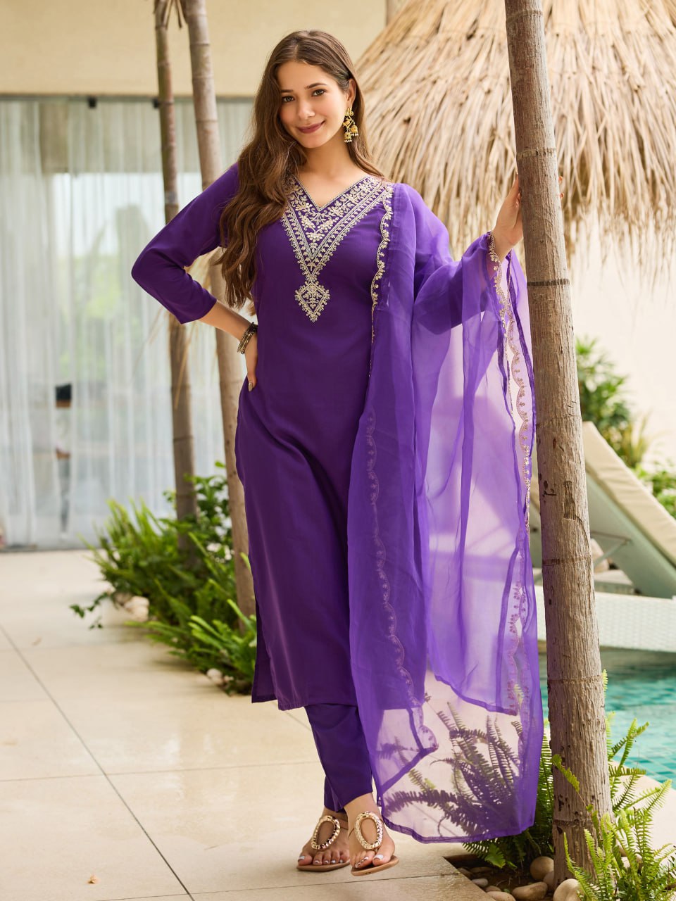 Purple Cotton Embroidered Kurta Set