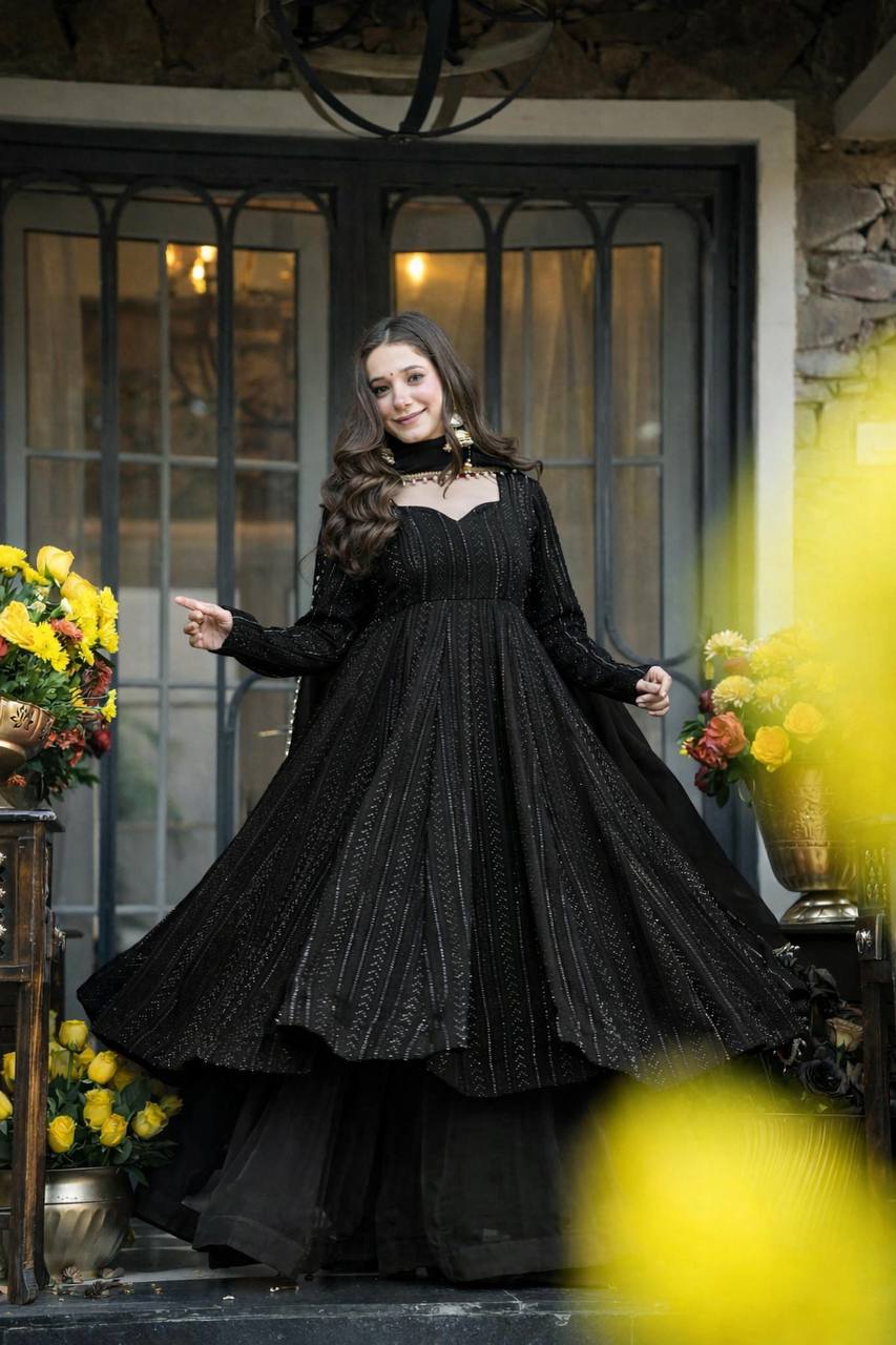 Women's Black Faux Blooming Sequins Embroidered Anarkali Suit Set with Dupatta | Party & Festive Wear