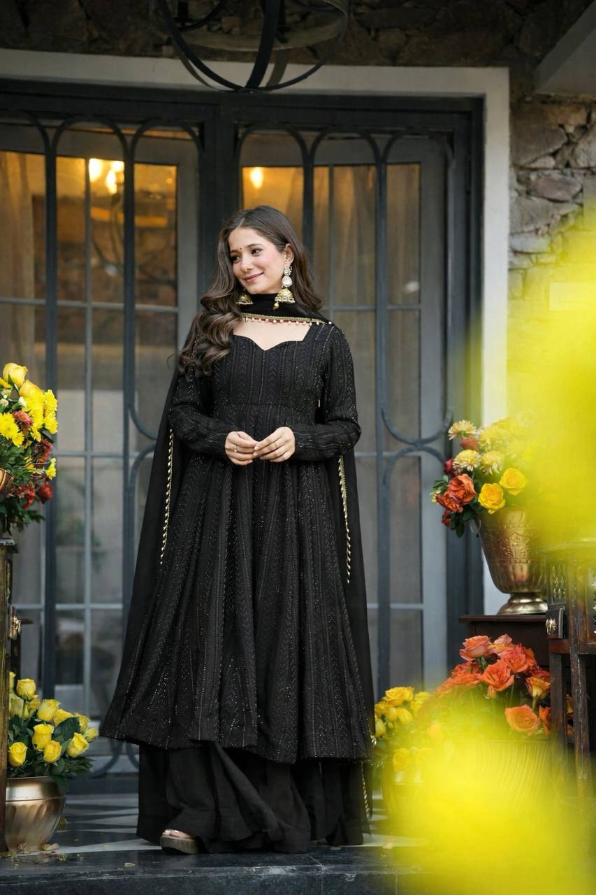 Women's Black Faux Blooming Sequins Embroidered Anarkali Suit Set with Dupatta | Party & Festive Wear