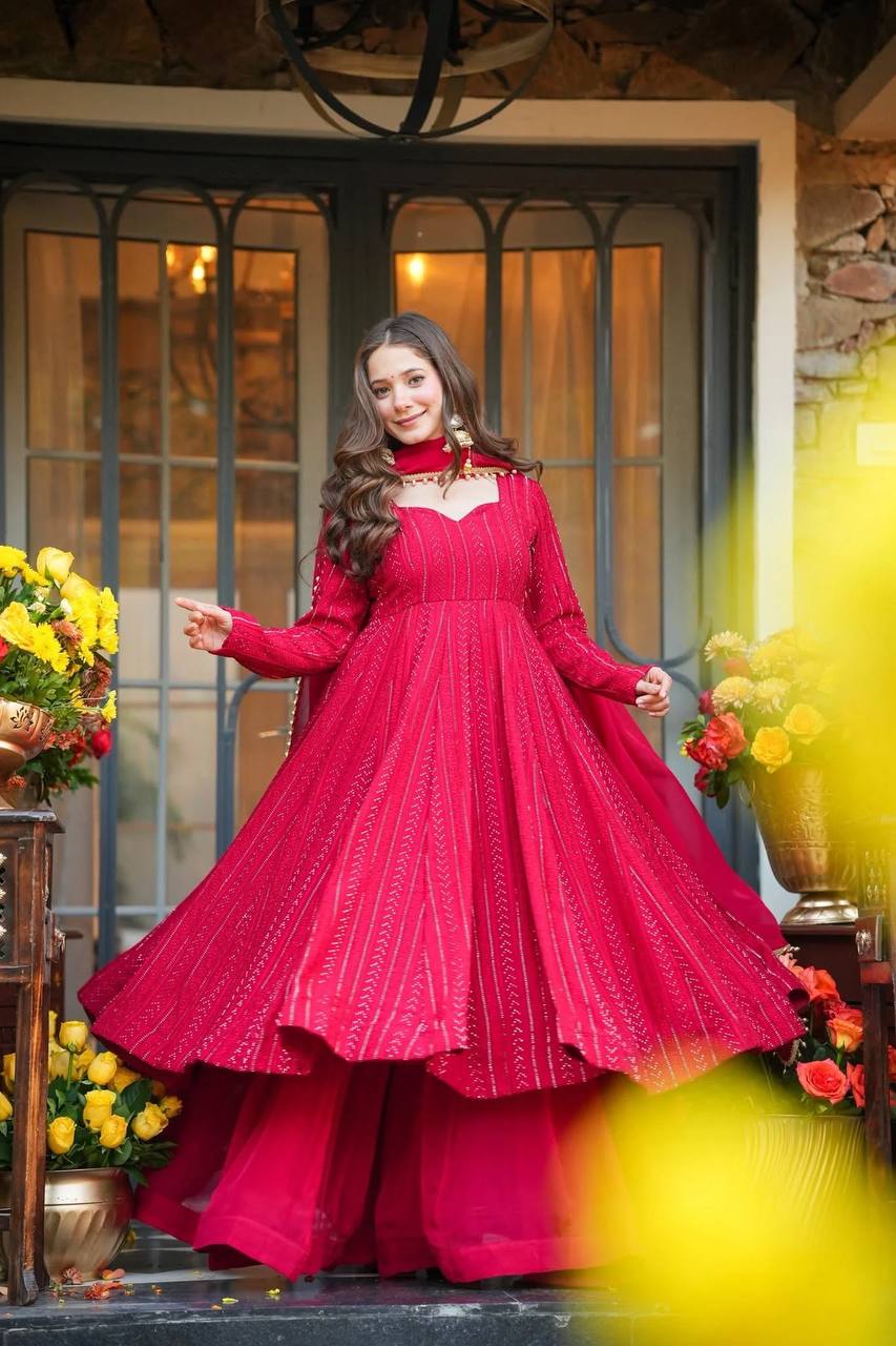 Women's Rani Pink Faux Blooming Sequins Embroidered Anarkali Suit Set with Dupatta | Party & Festive Wear