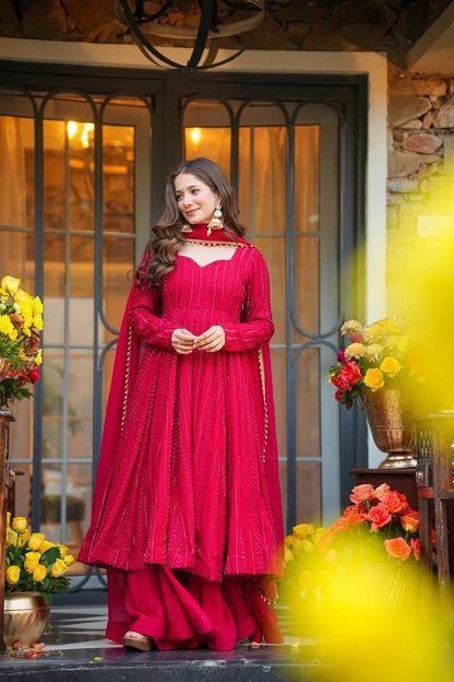 Women's Rani Pink Faux Blooming Sequins Embroidered Anarkali Suit Set with Dupatta | Party & Festive Wear