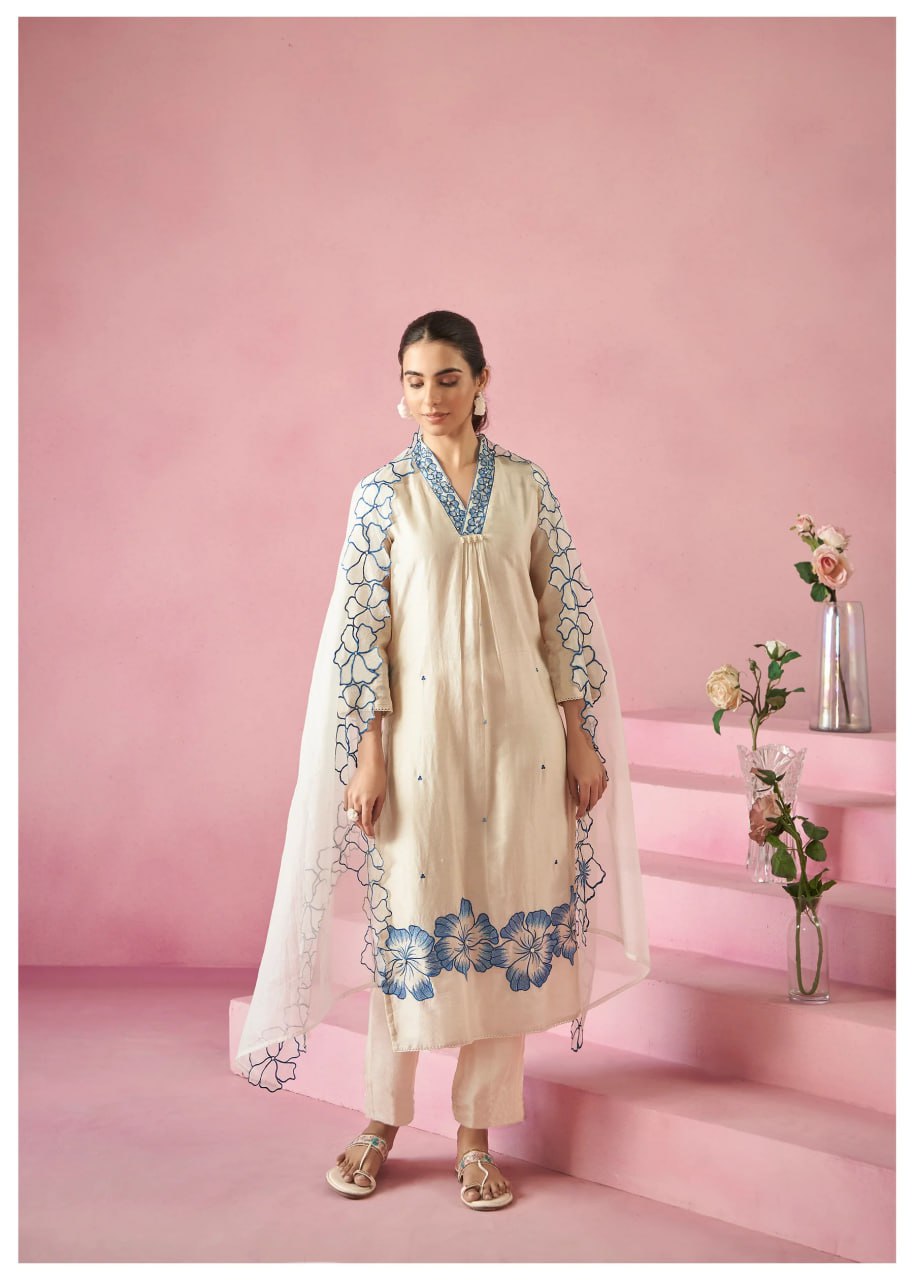 Ivory & Blue Floral Kurta Set