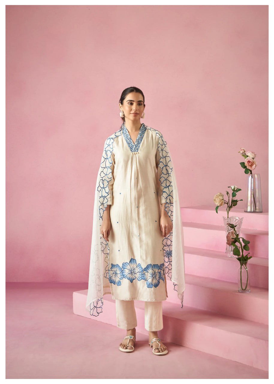 Ivory & Blue Floral Kurta Set