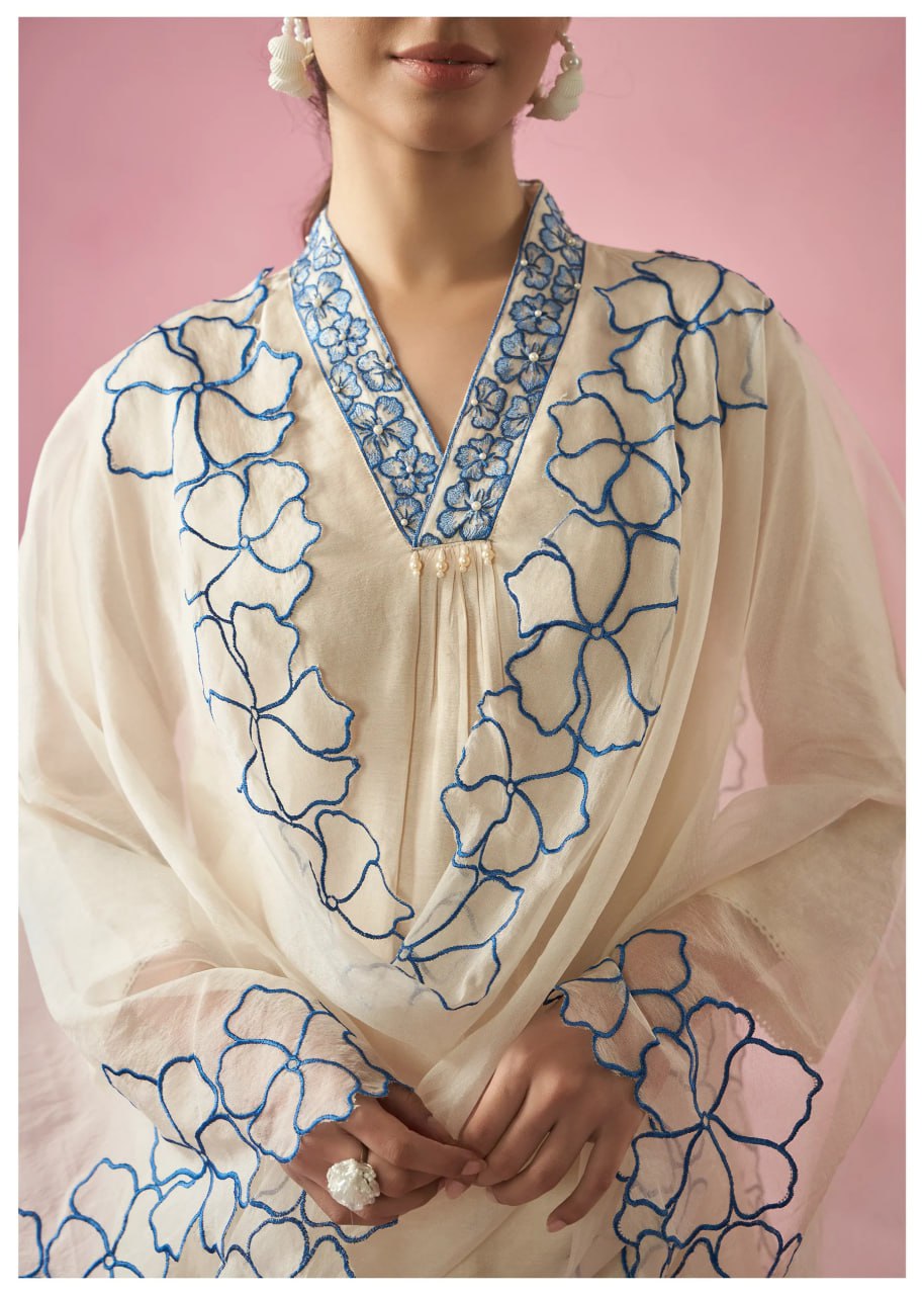 Ivory & Blue Floral Kurta Set
